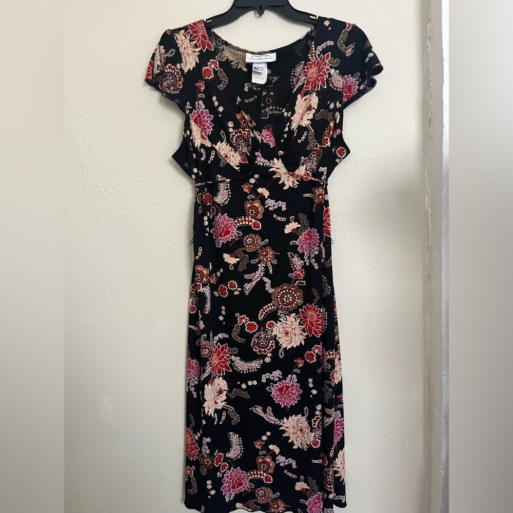 Red and Black Floral Midi Dress